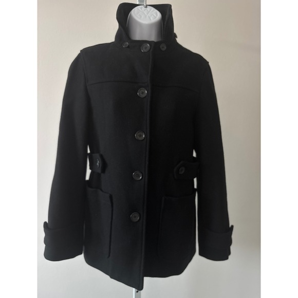 Minimalist Black Wool Blend Coat Size S Button Front Stand Collar Winter Jacket - Picture 14 of 16